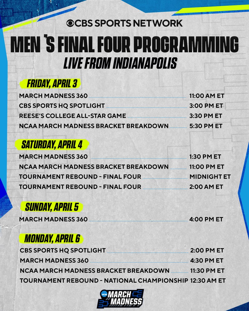 CBSSportsGang's tweet photo. CBS Sports will feature comprehensive, cross-platform coverage from Indianapolis surrounding the Men's Final Four, with content across CBS and Paramount+, CBS Sports Network, CBS Sports HQ and more. https://t.co/HKMwn3LhMv