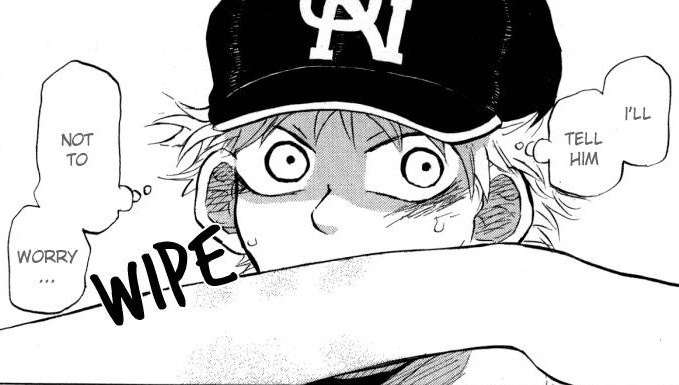 lexiefiles1's tweet image. what the anime wont tell you is abe grabbing mihashi's wrist during the bijou match left a bruise/imprint behind so when mihashi went to wipe his face on the mound he inadvertently touched the mark w/ his lips like an indirect kiss in this essay i will