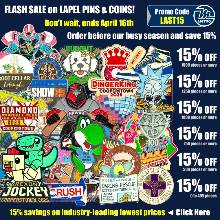 metropins's tweet photo. ⏳ Skip the couch-cushion swag & Flex Your Game with Metro!  Coins, Pins, Medals, Patches, Keychains — and more!

⏳ Save BIG with code LAST15 — Ends April 16
💥 We BEAT any legit US price by the difference PLUS the difference.  Bring us your best quote… we’ll SMASH it.

✨ Glitter • Glow • Shiny Colored Plating
✨ UV Print & Translucent Enamel — FREE
✨ Designs That Impress AND Sizzling Prices
⚡ Start here:  https://t.co/UGJTgekpQA
📞 855-638-7655 (855-METRO-55)

20+ Years • Veteran Owned • 5-Star Rated ⭐⭐⭐⭐⭐