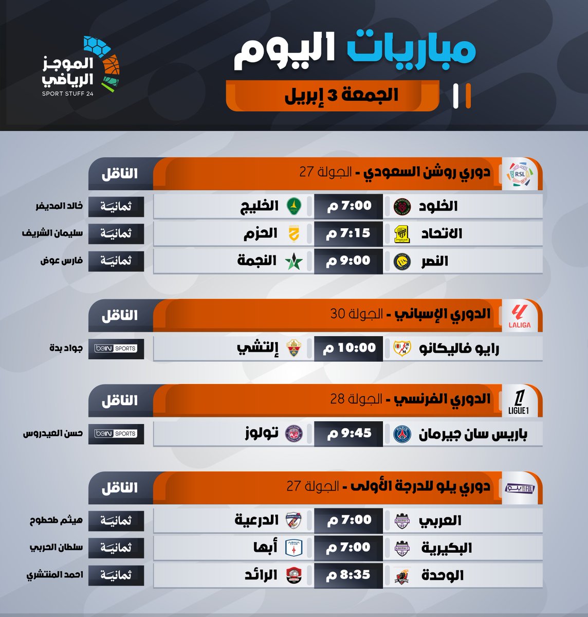 #مباريات_اليوم | الجمعة 3 إبريل

⏰المواعيد
📺القنوات الناقلة
🎙️المعلقين