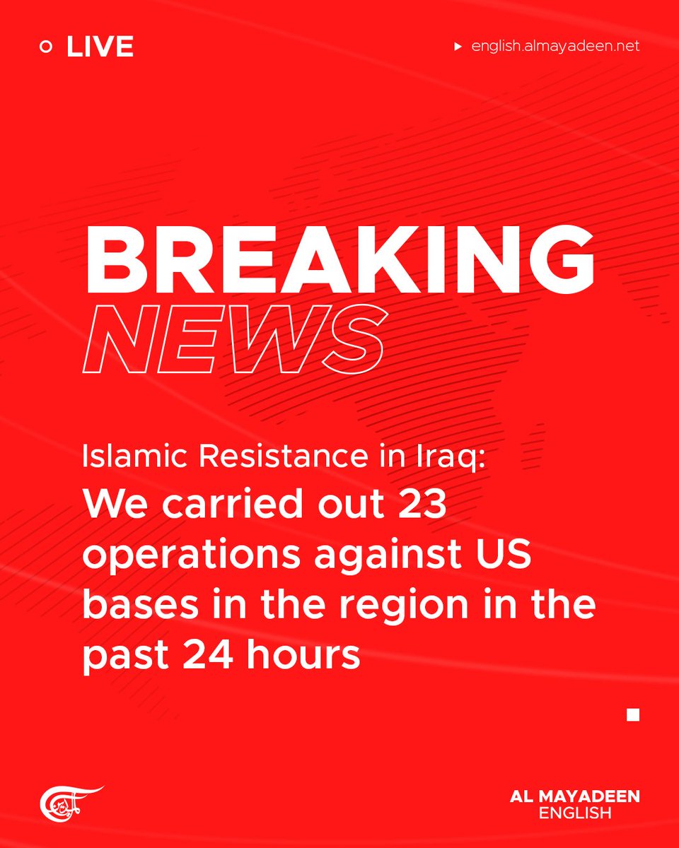 MayadeenEnglish's tweet image. The Islamic Resistance in #Iraq announced carrying out 23 operations against US bases in the region in the past 24 hours.  

Earlier, Al Mayadeen's correspondent in Iraq reported multiple explosions in #Erbil as a result of drone strikes on #US targets.