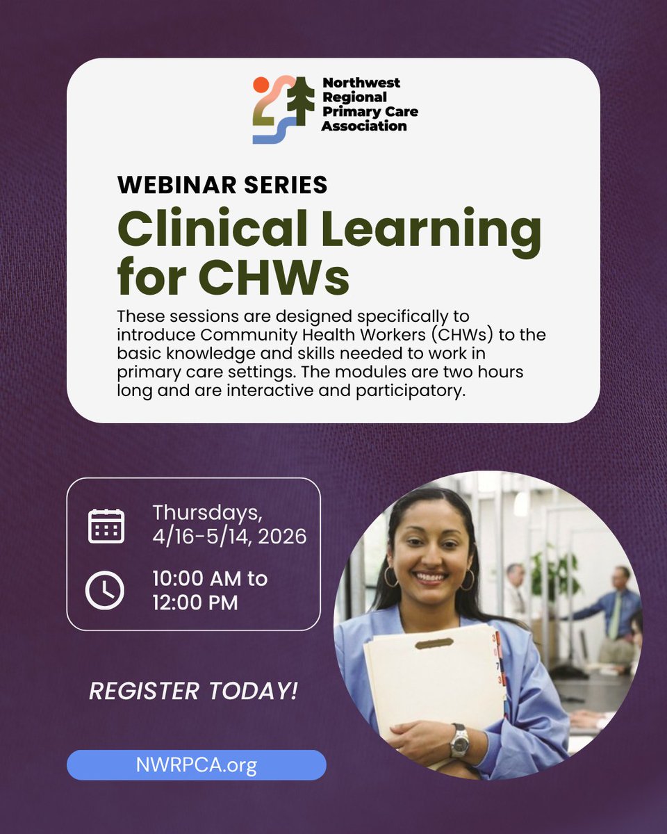 NWRPCA's tweet photo. Join this 5-part interactive webinar series designed specifically for Community Health Workers!

📅 Thursdays, April 16 - May 14, 2026
💻 Virtual, interactive sessions

Learn more: https://t.co/oj60WQtFkc https://t.co/6QstEl4bnL