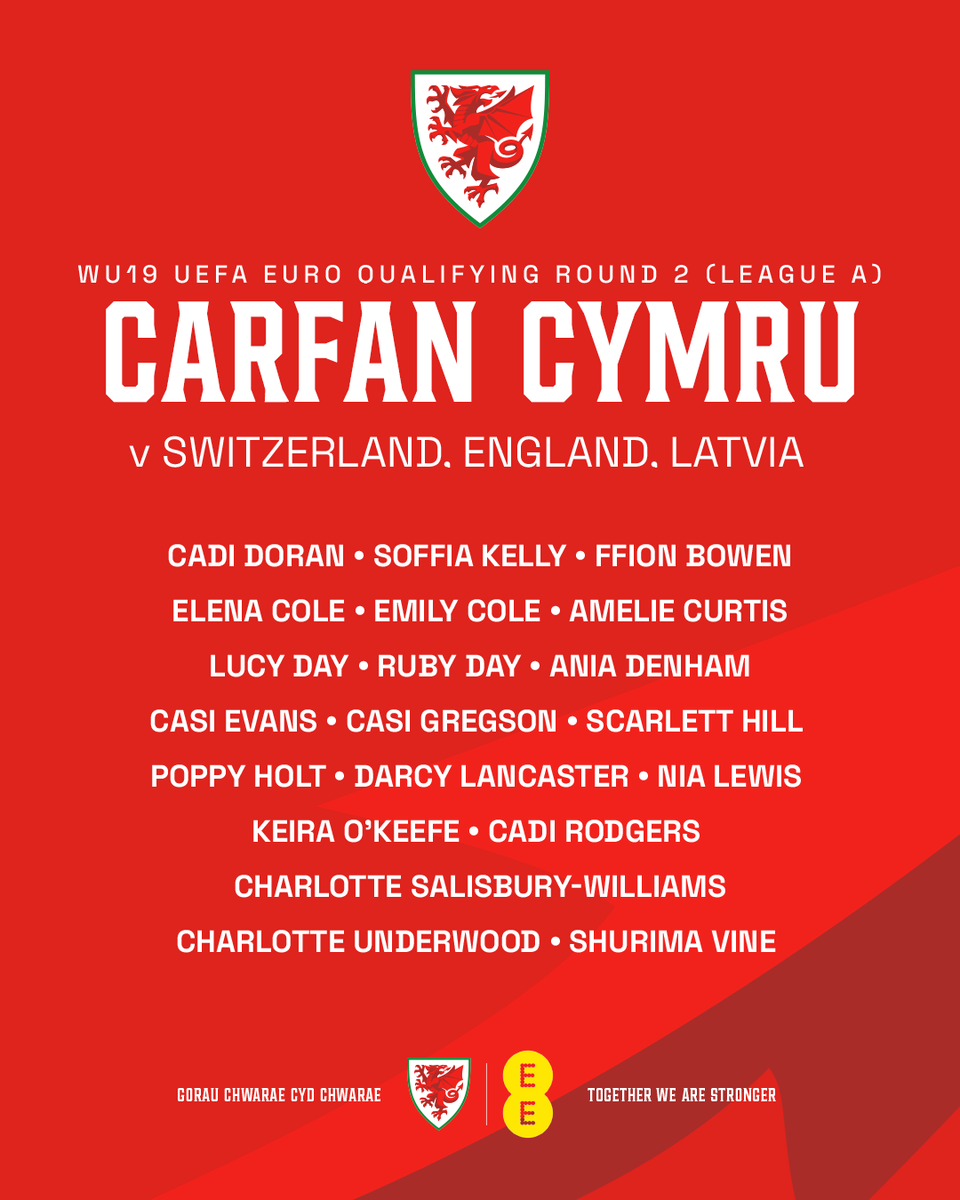 CYHOEDDIAD CARFAN 🏴󠁧󠁢󠁷󠁬󠁳󠁿

Nia Davies’ side face Switzerland, England and Latvia in the second round of #WU19EURO qualifiers 💪

🔗 fawales.co/4sg1GWe