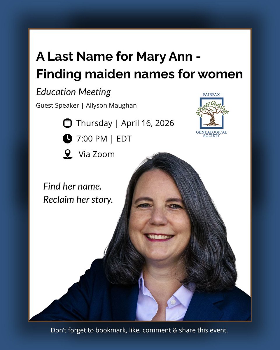 Unlock the clue hiding in plain sight: finding a woman’s maiden name.
Most women appear under a married surname—but clues to their earlier identity remain. Learn how in this case study.

📅 April 16, 2026 | ⏰ 7 PM ET
👉 Register: us02web.zoom.us/meeting/regist…

#FamilyHistory