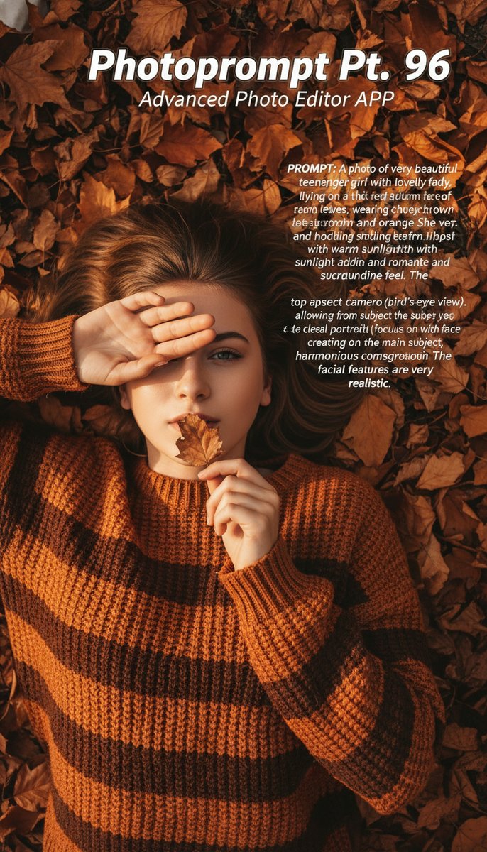PhotopromptApp's tweet image. Prompt: Create a photo with this face. The subject lies on a carpet of orange-red autumn leaves, wearing a thick brown and orange striped sweater. They gaze at the camera with a soft expression, holding a small leaf ne...
  #aistyle,#aicreator,#EditorAI