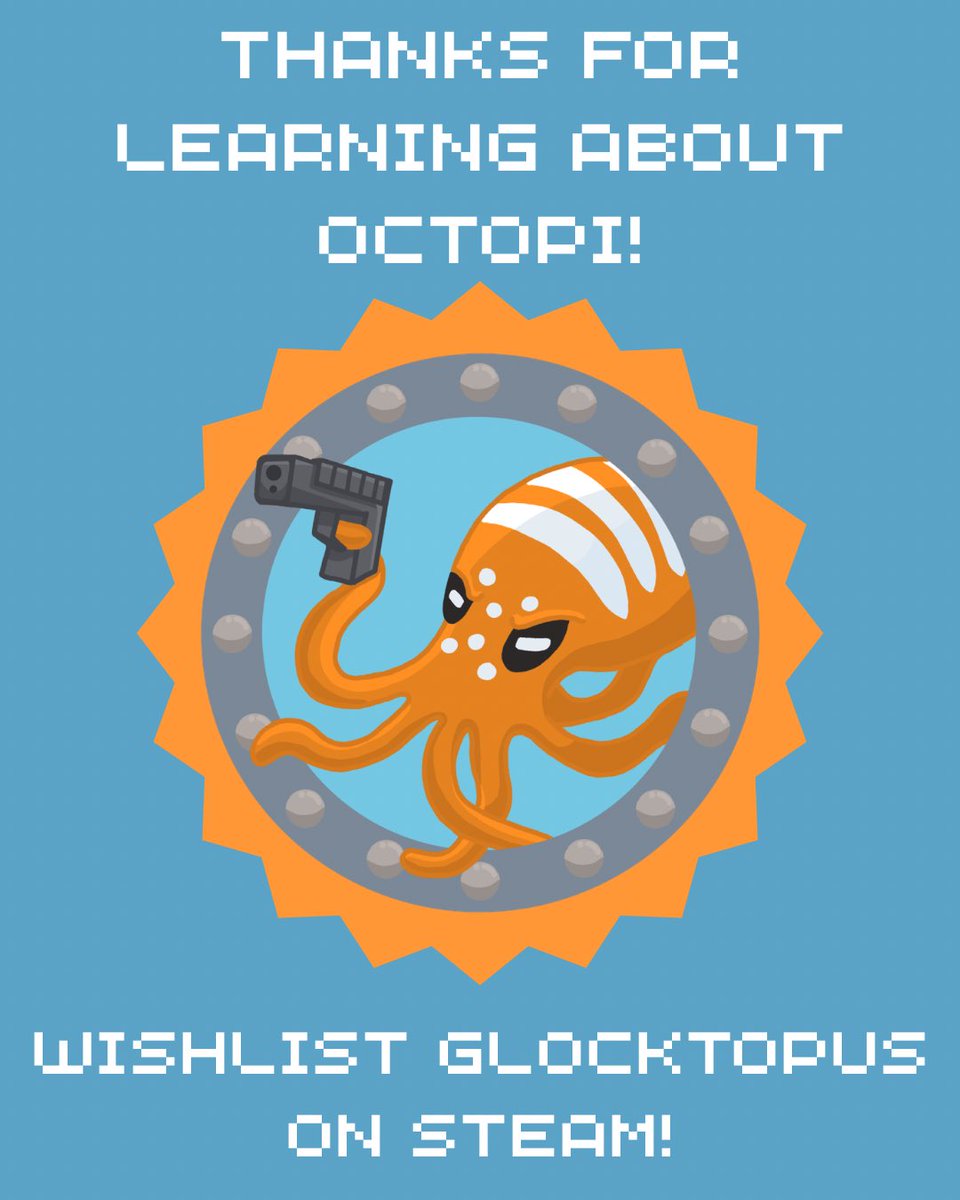 DustbathStudios's tweet photo. Learn about octopi with Rambo! Wishlist GLOCKTOPUS on steam! 

#octopi #marinebiology #funfacts #newgame #steamgame #indiegame #indiegamedev #gamedev #indiedev #games #freegame https://t.co/9CdxHckkmh