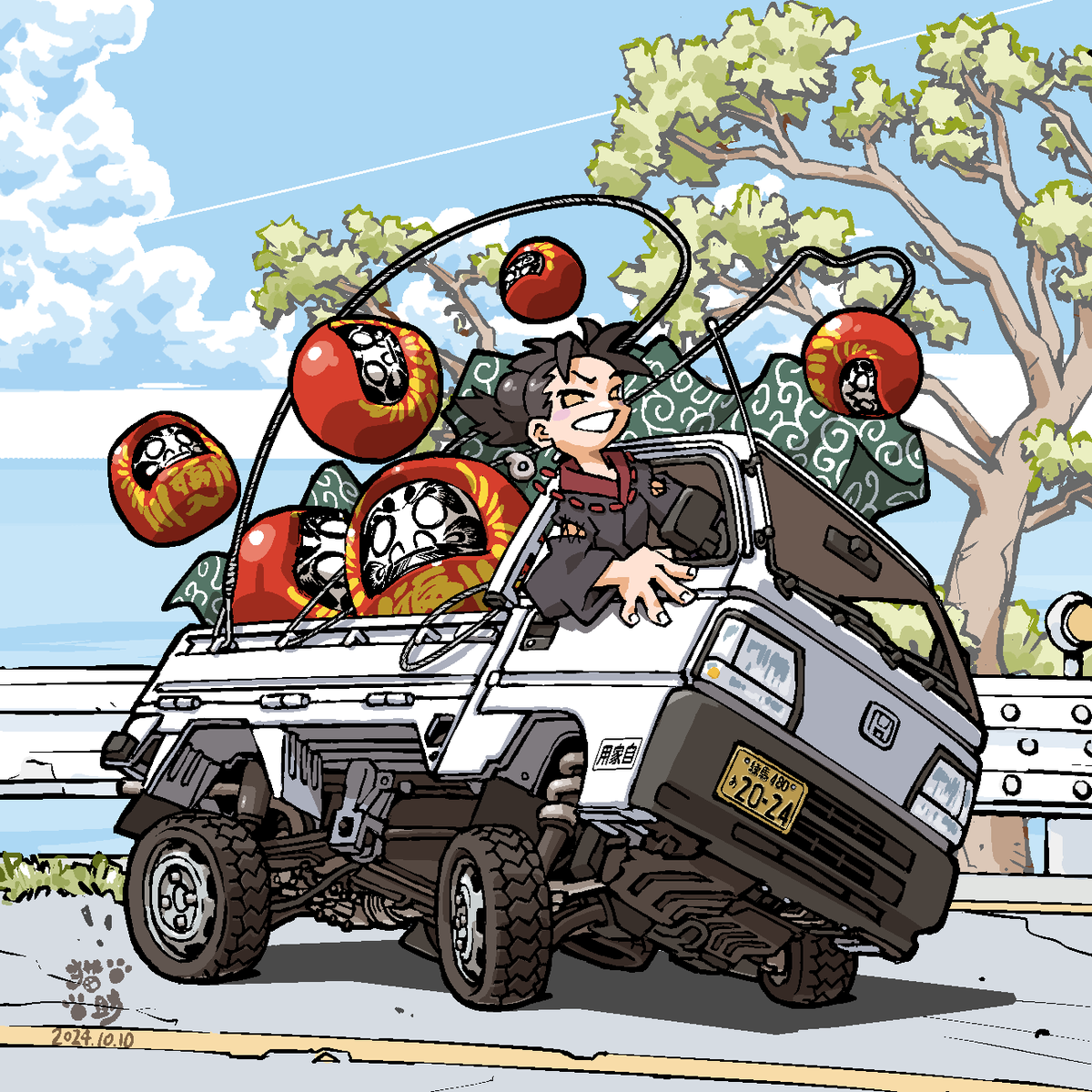 こんにちは、アメリカ！日本にもクールなトラックがありますよ！　こちらは1999 HONDA ACTY MINI TRUCK 。ちなみに運んでいるのは「ダルマ」と言って不屈の魂を具現化した人形です（諸説あり）。
 #CarIllustration #minitruck