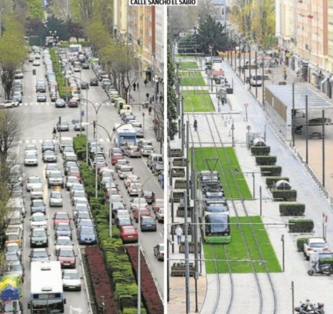 CirculaenBici's tweet photo. ANTES y DESPUES 😍😍en una calle de entrada al centro de Vitoria
ANTES:  8 carriles de coches
AHORA : Transporte Público, carril bici, senda peatonal😍 https://t.co/G68XGEv7Fg