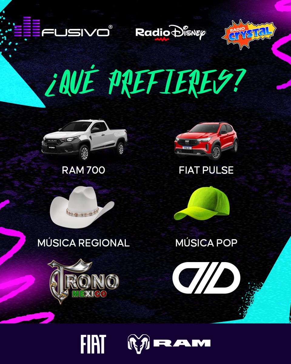 RadioDisneyMX's tweet photo. Si no te gusta decidir entre tus gustos, ¡no te preocupes! En FUSIVO encontrarás lo mejor de ambos mundos. 🤠💖

Participa por tus accesos junta a la #RutaRD y FIAT Pulse o con la #Crystamóvil y RAM 700.

#FUSIVO #RadioDisneyMéxico #RadioCrystal #UnidosPorLaMúsica #FIAT #RAM1200 https://t.co/JhWNC4nU1y