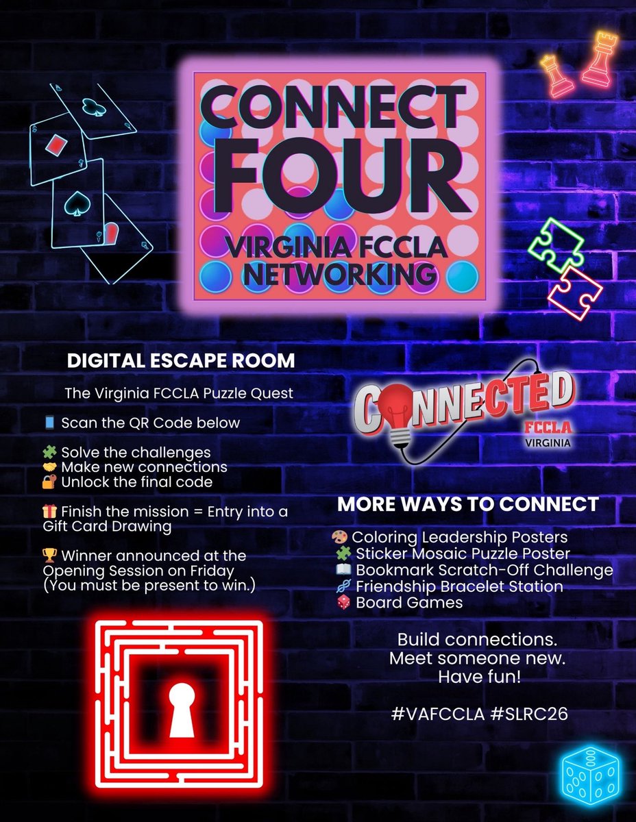 🌟 NEW: SLRC Thursday Night Networking! 🌟

Get ready to CONNECT FOUR at this year’s networking event! 🔴

🗓 Thursday, April 9th
⏰ 7:00–10:00 PM
📍 During #SLRC26 Conference Registration

❗️FEATURED ACTIVITY:
🔐 Digital Escape Room: Virginia #FCCLA Puzzle 🧩 Quest via QR code