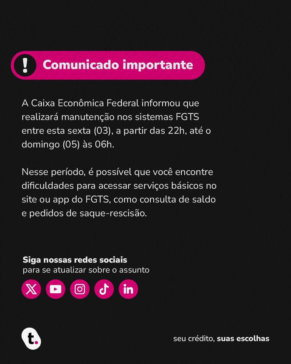 meutudoapp's tweet image. Atenção, trabalhador 🚨

A Caixa Econômica Federal informou que fará manutenção nos sistemas do FGTS neste fim de semana, o que pode causar instabilidade em serviços importantes.

Compartilhe com quem precisa saber desta informação!

#meutudoapp #FGTS #manutenção #instabilidade