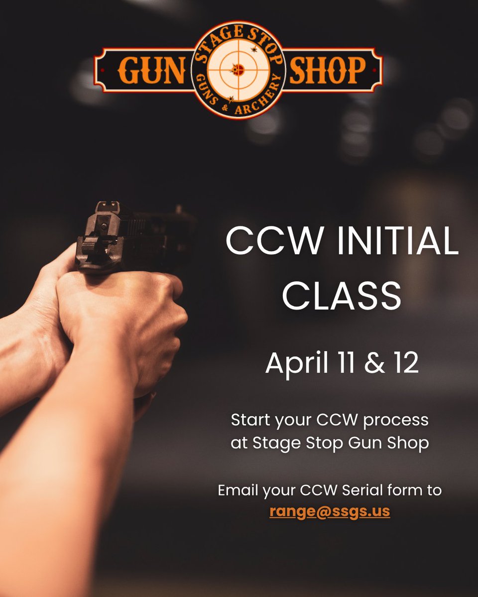 stagestopgun's tweet photo. Next CCW Initial training is April 11 & 12! Cost is $265. Payment is required upfront. Call or stop by the shop to reserve your spot.
#StageStopGunShop #CCWTraining https://t.co/Ifb5PqET8P