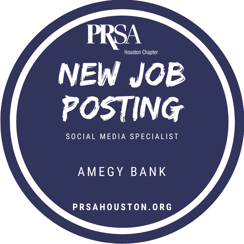 PRSAHouston's tweet photo. The Amegy Bank is hiring a Social Media Specialist! Click on the link below to learn more on how to apply today: https://t.co/anbwd2pKH9 https://t.co/VQ46odwcHH