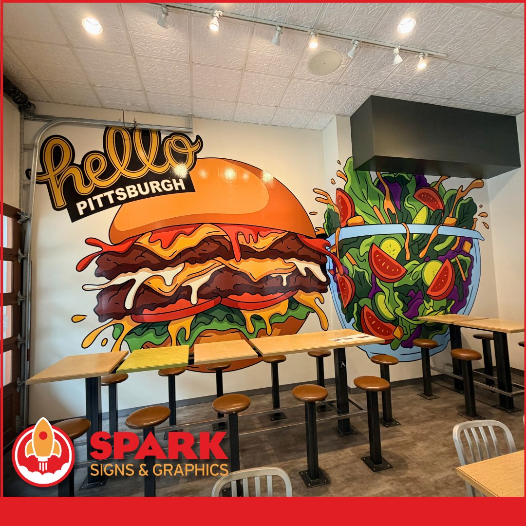 SparkSigns's tweet image. Client-designed artwork brought to life for Hello Bistro with a full wall mural and large window graphic at their downtown Pittsburgh location. Definitely makes you hungry 🍔

Learn more or request a quote at sparksigns.com.

#WallGraphics #WindowGraphics