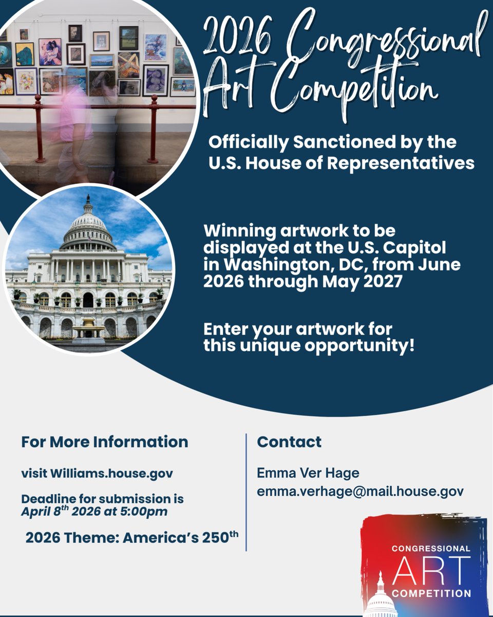 RepRWilliams's tweet image. TX-25🚨 I’m proud to invite students across our district to participate in the 2026 Congressional Art Competition. The winning artwork will be displayed in the United States Capitol in Washington, D.C.  

The deadline is right around the corner, April 8, 2026, at 5:00 PM CT. I
