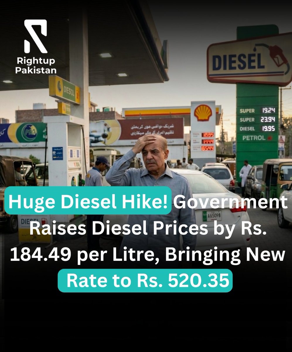 PakRightup's tweet photo. Huge Diesel Hike! Government Raises Diesel Prices by Rs. 184.49 per Litre, Bringing New Rate to Rs. 520.3

#DieselPriceHike #FuelUpdate #PakistanNews #EnergyCrisis #PetrolDieselRates https://t.co/TLWVCyhWte