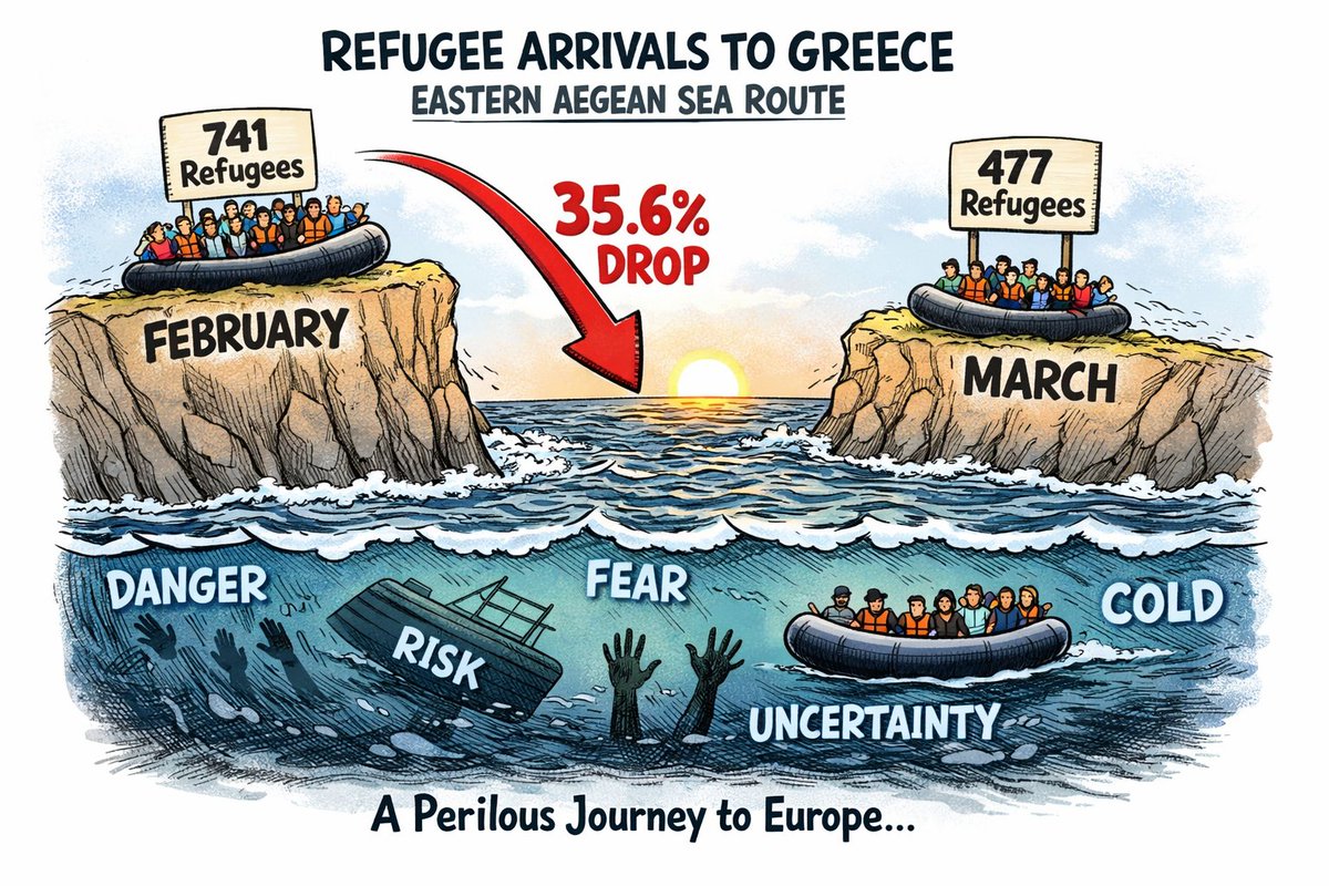 Refugee arrivals to Greece via the Eastern Aegean dropped from 741 in February to 477 in March — a 35.6% decrease 📉

Numbers are falling, but the خطر، fear, and uncertainty of the journey remain the same. 🌊

#Refugees #Migration #Greece #Aegean #HumanRights