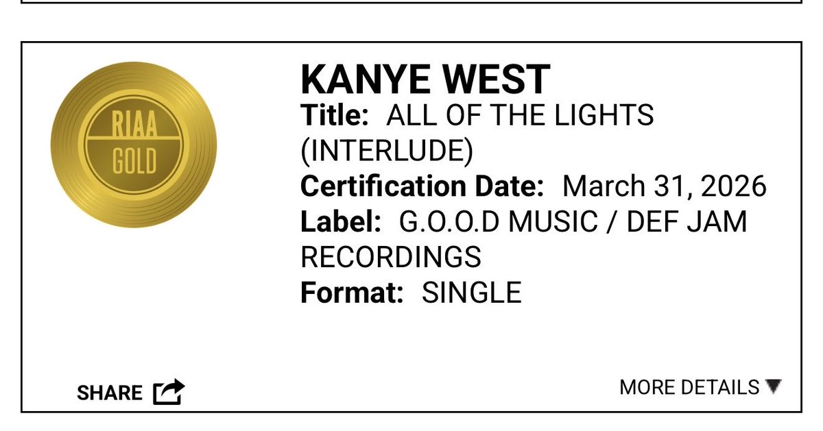 All of The Lights (Interlude) is now certified GOLD by the RIAA.