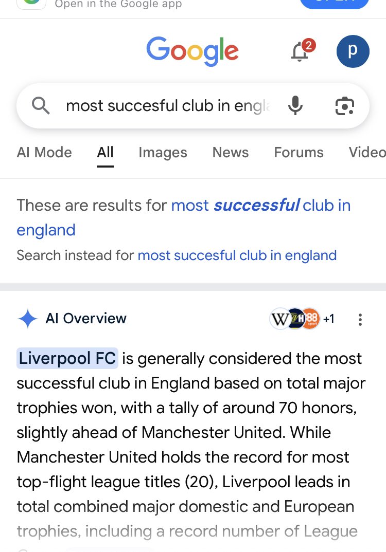 Doubledee27's tweet photo. @07Simmo Look what the first result is on google when you type in most successful club in England, fancy that?!  Never mind though, keep talking about one of our players who left 11 years ago. It’s all you’ve got left. Happy crying 😭😂… https://t.co/AQhW9CMlPX