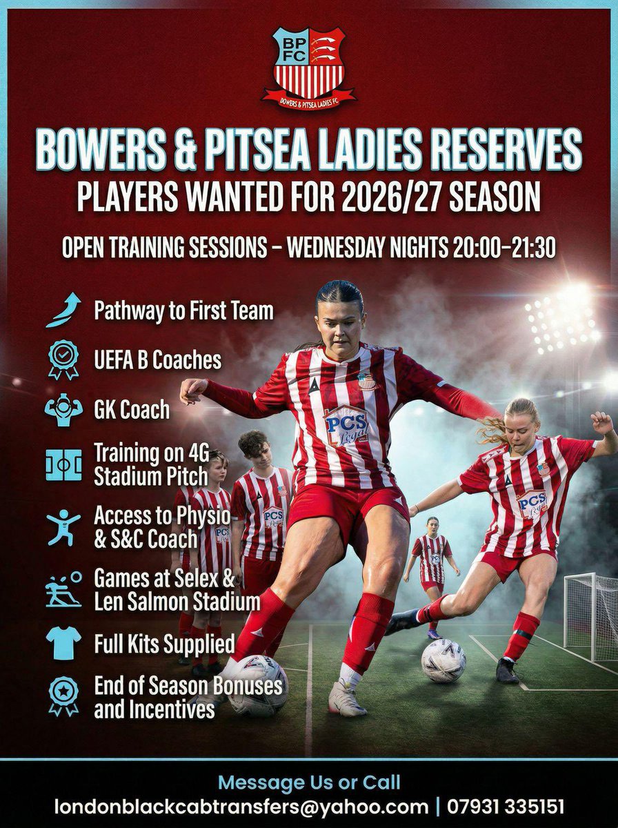 bowersladiesfc's tweet photo. 𝗥𝗘𝗦𝗘𝗥𝗩𝗘𝗦 | We are looking to recruit for our Reserve Team for the 2026/2027 season in the ECWFL Premier Division.

💪🏼 UEFA B Coaches
🏟️ Training every week at The Dome Group Stadium

📲 If your interested, DM us or contact the email on the graphic

#UpTheBowers https://t.co/WeMmcAjNhT