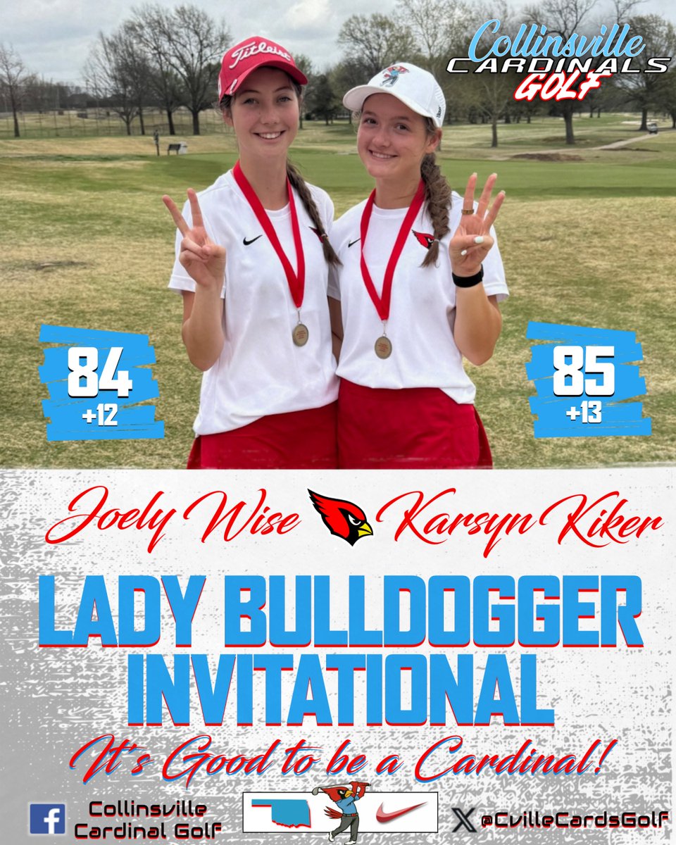 CVilleCardsGolf's tweet photo. Congratulations to Joely Wise & Karsyn Kiker on finishing 2nd & 3rd in the Individual Standings at yesterday's Lady Bulldogger Invitational. Great Job Ladies! #ItsGoodToBeACardinal #TeeItHigh @cvillecards @cvilleokschools @cvilleathletes https://t.co/O56KKAfbQZ