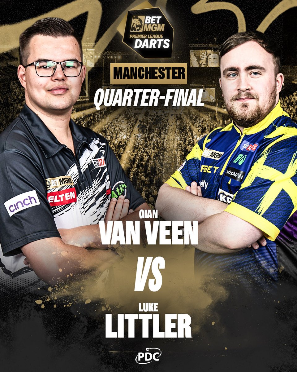 OfficialPDC's tweet image. VAN VEEN 🆚 LITTLER 

Next up in Manchester, European Champion Gian van Veen takes on Warrington wonderkid Luke Littler!

📲 bit.ly/NewPDCApp 
#PLDarts | QF3
