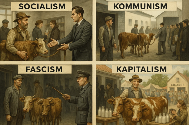 POLITISKA DEFINITIONER
För att enkelt förstå skillnaderna mellan socialism, kommunism och fascism, tänk dig att du äger två kor, och undersök sedan vad staten skulle göra.
Socialism: Staten konfiskerar en ko och kan inte sköta den. Resultat: Stigande priser på allt man får från