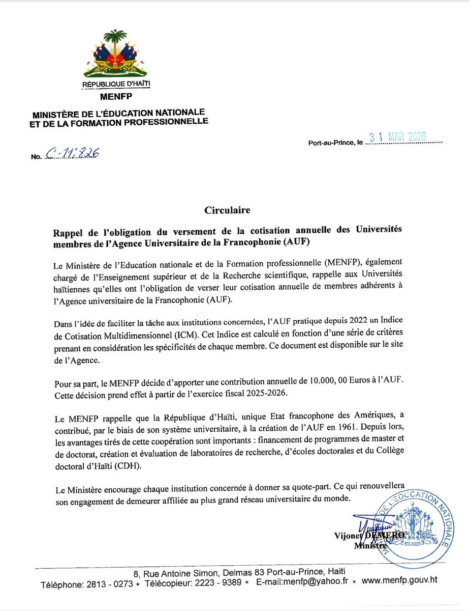 lescientifiq's tweet photo. 📰 Le MENFP rappelle aux universités haïtiennes leur cotisation à l’Agence universitaire de la Francophonie (AUF) 

📲 Suivre la Chaîne WhatsApp👇🏽
https://t.co/whOMsKSJZw

📚 © Le Scientifique, 2026. https://t.co/a6PVP01Ozn