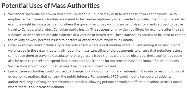 smeurrens's tweet photo. IRCC says that while it cannot speculate on how it will use Bill C-12, that possible examples include suspending visas during pandemics, extending the validity of work permits for doctors, if IRCC is hacked and visas are wrongly issued, or removing work permit conditions regarding location of work.

https://t.co/NAwFzgzjWm