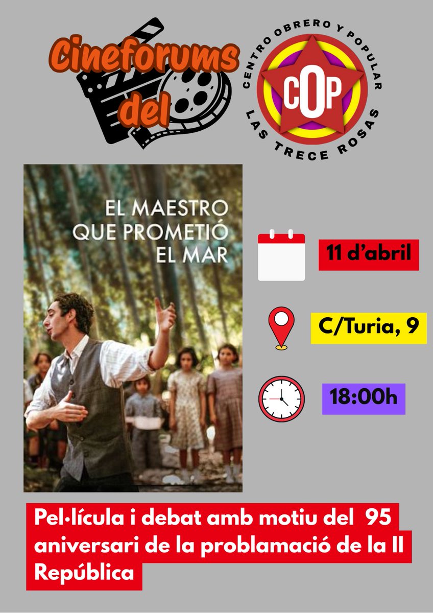 pcpe_valencia's tweet photo. CINEFORUM AL CENTRE OBRER I POPULAR LES "TRECE ROSAS" PEL 95 ANIVERSARI DE LA PROCLAMACIÓ DE LA II REPUBLICA. Us esperem per a compartir una estona junts, veure la pel·lícula i xarrar una estona 🎥🍿 https://t.co/CgOGLasAMo