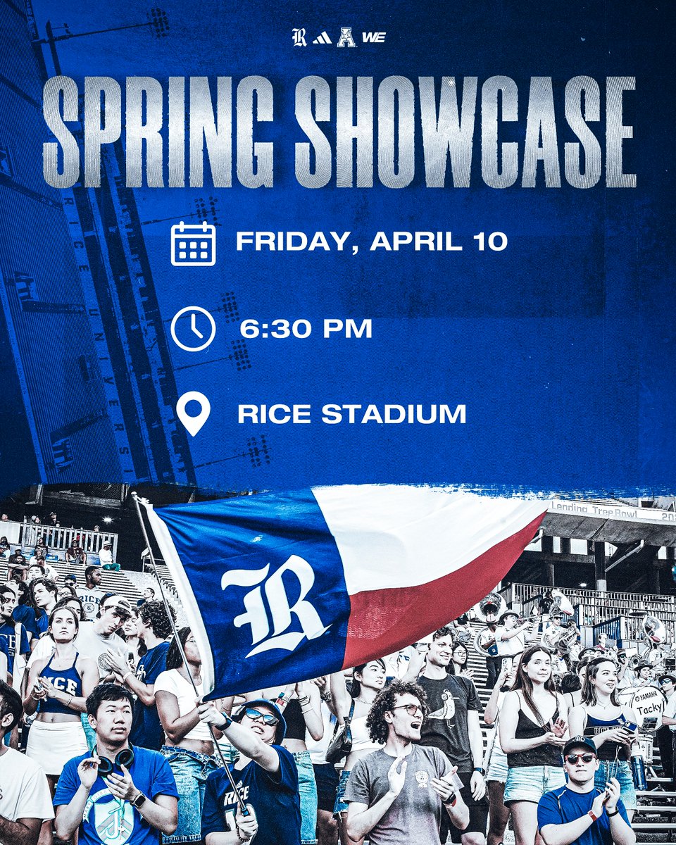 RiceFootball's tweet image. Need your Football fix? Join us next Friday for our Spring Showcase! 💥

Admission is free and includes team autographs, a family-fun zone, Surplus Sale and much more! 

#WE #GoOwls