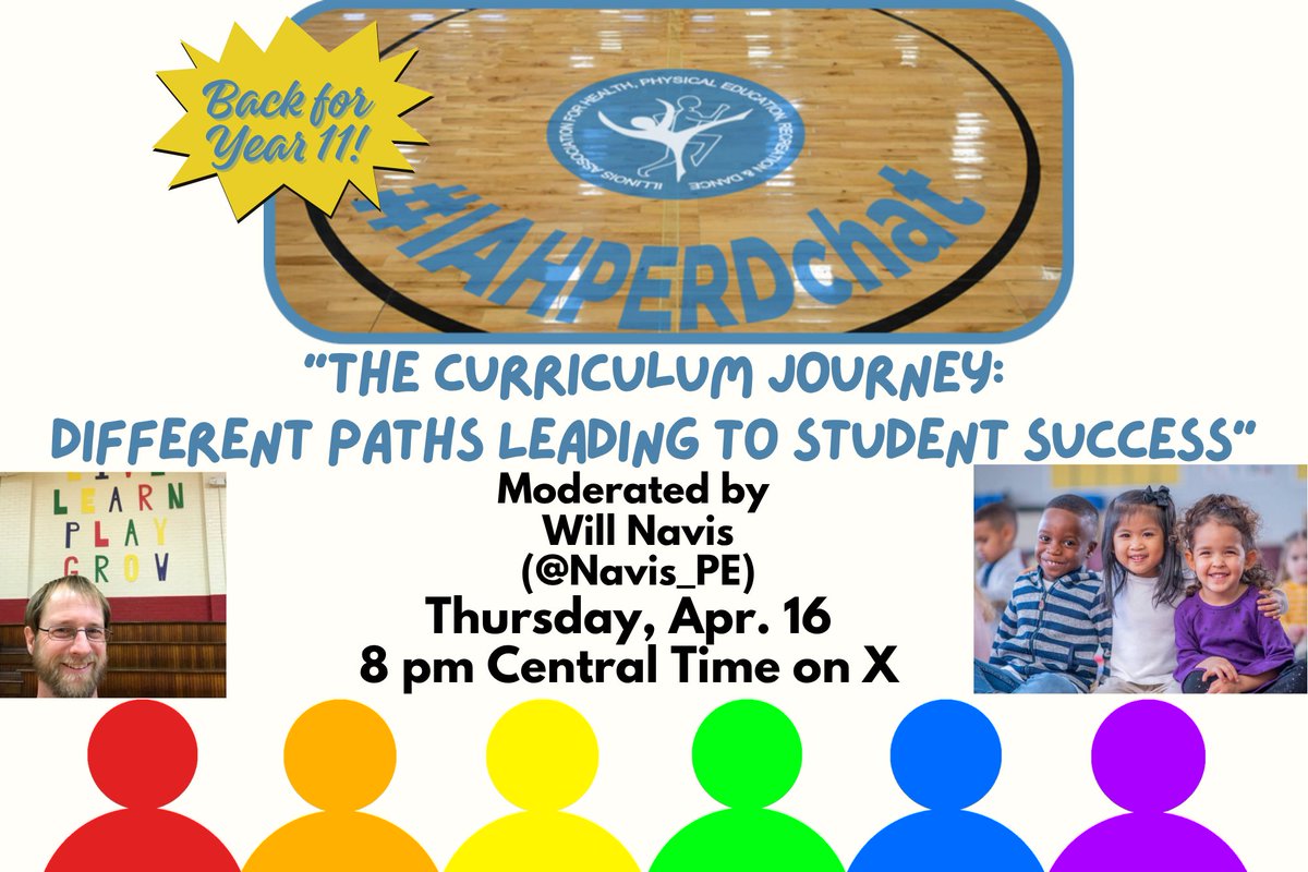 IAHPERD's tweet image. Please mark your calendars for the next #IAHPERDchat!
Thursday, Apr. 16 at 8 pm Central
Moderated by @Navis_PE 
Will's topic:
"The Curriculum Journey: 
Different Paths Leading to Student Success"
#HealthEd
#PhysEd