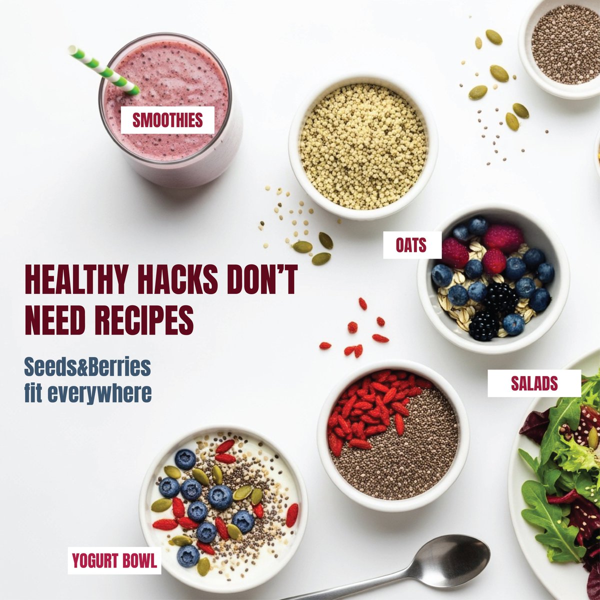 GoHealthHawk's tweet photo. Myth: You need a recipe to use seeds/berries.
 Fact: Sprinkle on yogurt, oats, salads, or blend into smoothies. 10 seconds, done. https://t.co/kr0oI6Ccq2
