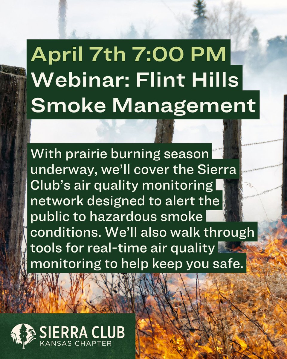 It’s that time of year…prescribed burning🔥💨 happening in your area too?

Join our webinar 💻👉Tuesday at 7:00PM
We'll be speaking to the burning in the Flint Hills and the air quality monitors they’ve locally installed to alert the public to any hazardous air conditions.