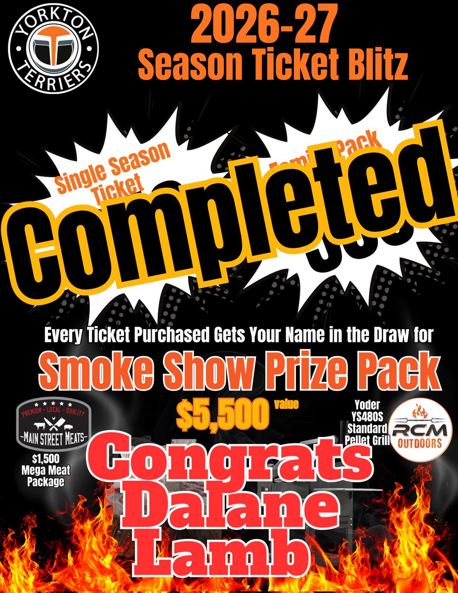 SJHLTerriers's tweet image. Congratulations Dalane Lamb our 2026-27 Season Ticket Blitz Grand Prize Winner. He won a YoderYS480 Standard Pellet Grill from RCM Outdoors and a $1,500 Mega Meat Package from Main Street Meats
Terriers Nation Thank You for your Support
#yorktonterriers
#CommunityStrong
#SJHL