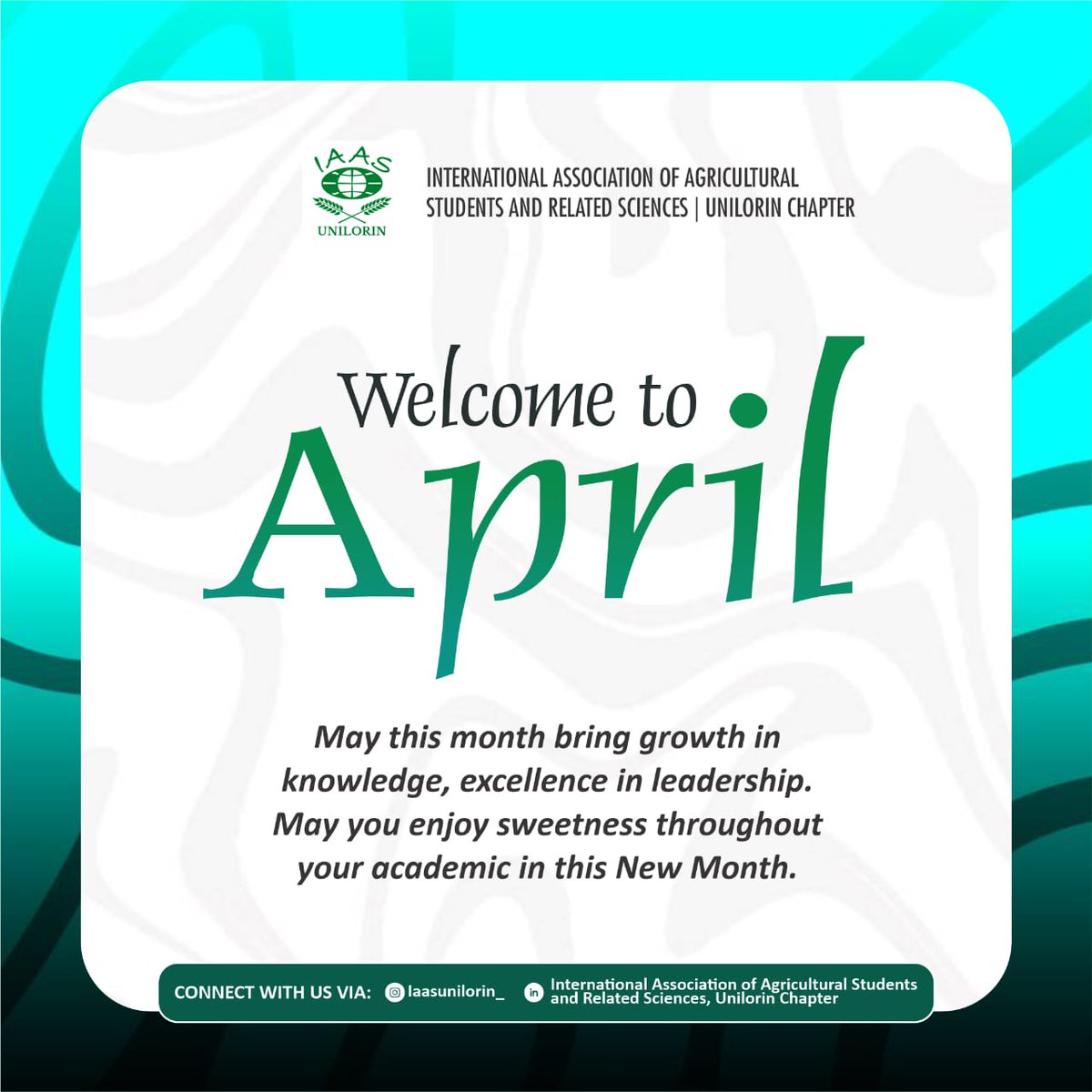 IAAS_UNILORIN's tweet photo. INTERNATIONAL ASSOCIATION OF AGRICULTURAL STUDENTS AND RELATED SCIENCES(UNILORIN CHAPTER)
Wishes every IAASers and UNILORITES a happy new month. May this second quarter bring peace, favour, growth and knowledge in our academics🌟and our well-being in general❤️.
#IAASUNILORIN https://t.co/lqoZD9CCDQ