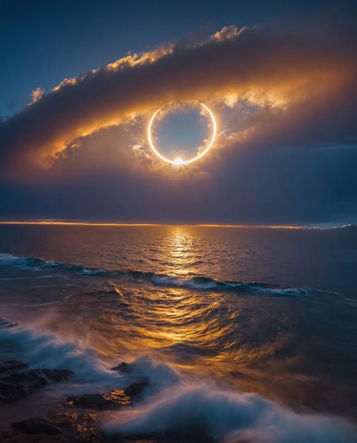 astrooalert's tweet photo. Nature's Eye: A golden ring of fire framed by a drifting iris of clouds, watching over the deep blue. 👁️🌊 

This happens when the Moon passes directly between the Earth and the Sun while it is at its farthest point from Earth in its orbit. 

The "Ring": Because the Moon appears smaller than the Sun from our perspective, it doesn't completely block it out. Instead, a brilliant ring of light remains visible around the dark silhouette of the Moon.