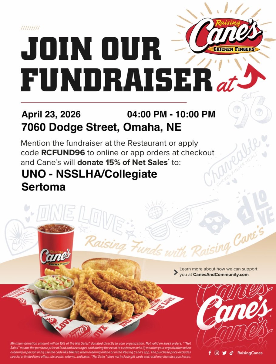 unonsslha's tweet photo. Our last fundraiser for the year will be at Raising Canes on April 23rd. Grab your friends and get some yummy food to celebrate the final weeks of the semester! https://t.co/W0jORkaCqT