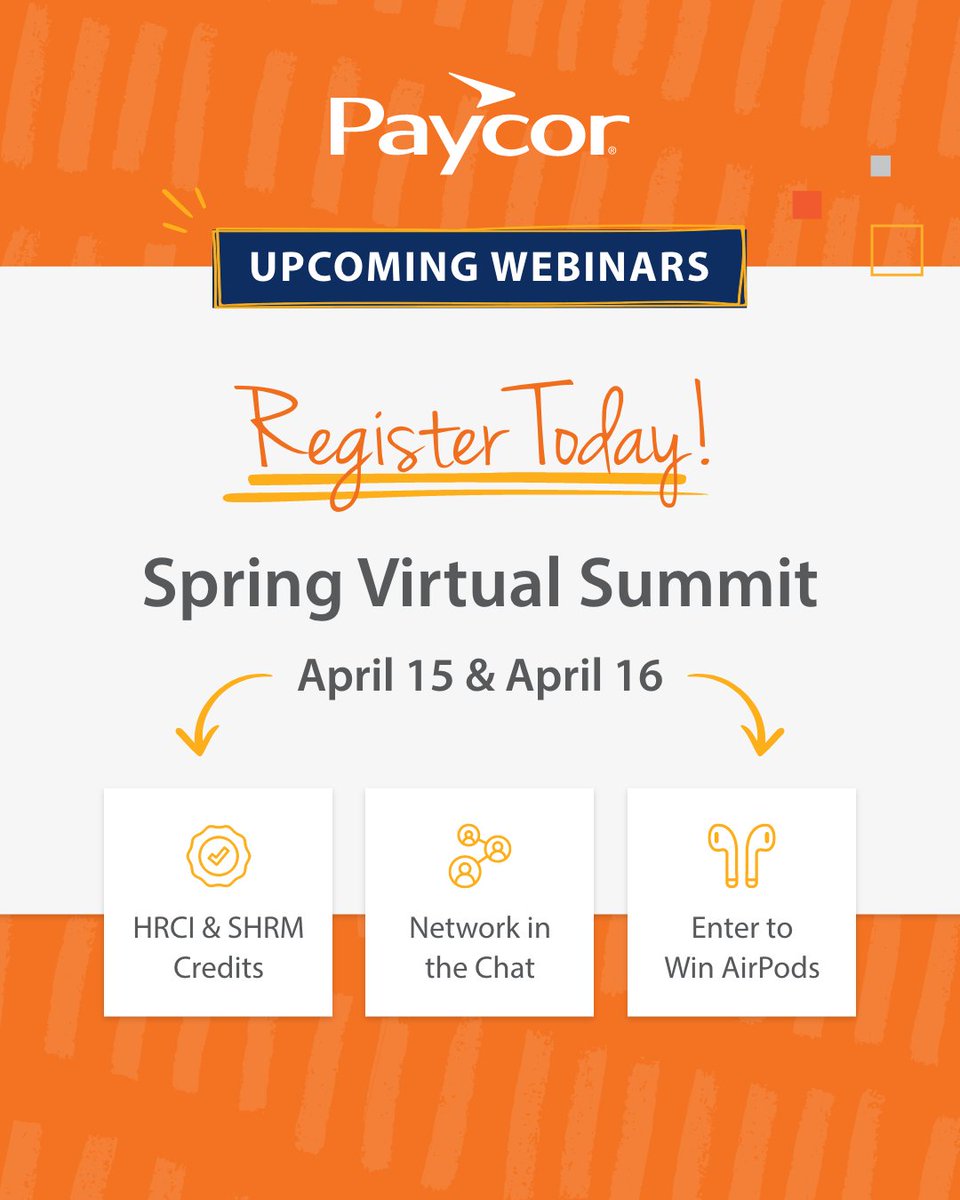 PaycorInc's tweet image. It’s back! Register today for the #SpringVirtual Summit to get pro #HR tips, HRCI &amp;amp; SHRM credits, and the chance to win fun prizes! See you in the chat. #HRTech #HRTips #Leadership

bit.ly/4c848YX