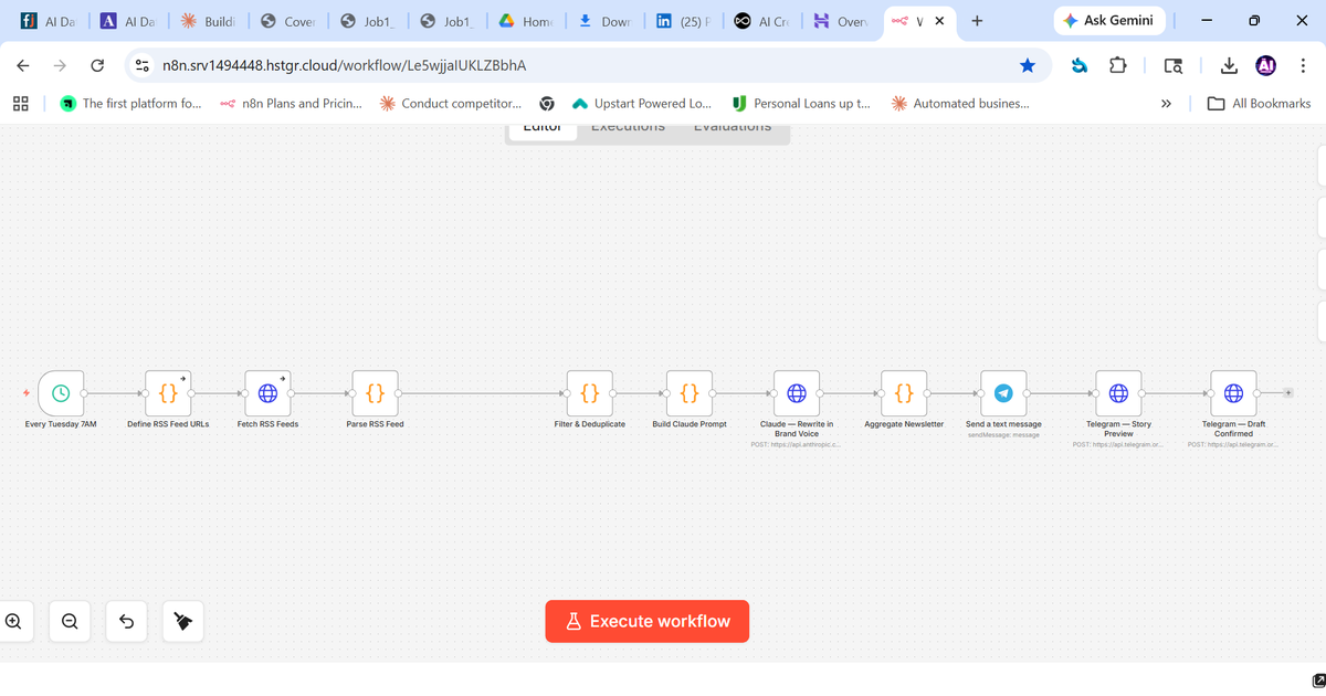 lovrobinson's tweet photo. I built in 2 weeks what agencies charge $10K/month to manage.
Stage 1 of my AI automation system is live.
Stack: Claude Code · n8n · Remotion · ElevenLabs · Beehiiv · OpenArt
3 stages left. Open to opportunities.
AI isn't replacing builders. It's multiplying them.
#AI #Automation https://t.co/Yr0AbWvszG