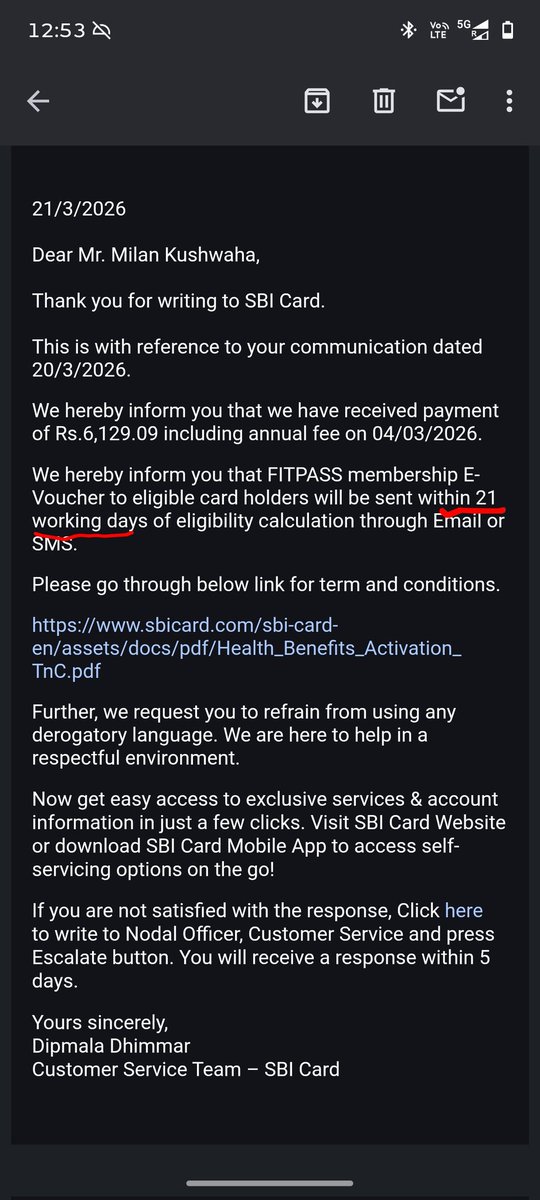 Zephead97's tweet photo. @SBICard_Connect I'm providing screenshots to prove that I was promised the Fitpass renewal in 21 working days multiple times. Even more times on the phone. Now I'm being told it will take 45 working days? 
What's the point of a benefit that takes 2 months to get renewed? https://t.co/6oFKTHQFnm