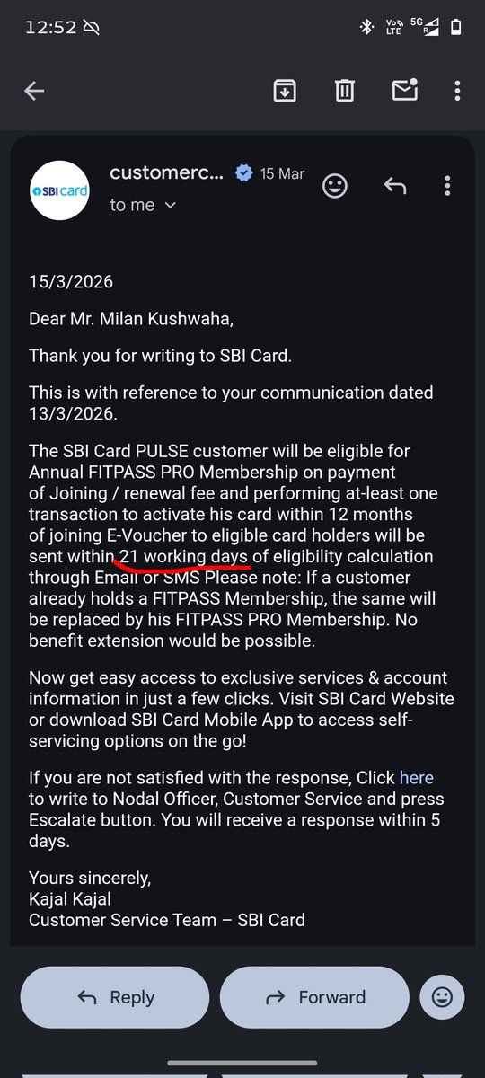 Zephead97's tweet photo. @SBICard_Connect I'm providing screenshots to prove that I was promised the Fitpass renewal in 21 working days multiple times. Even more times on the phone. Now I'm being told it will take 45 working days? 
What's the point of a benefit that takes 2 months to get renewed? https://t.co/6oFKTHQFnm