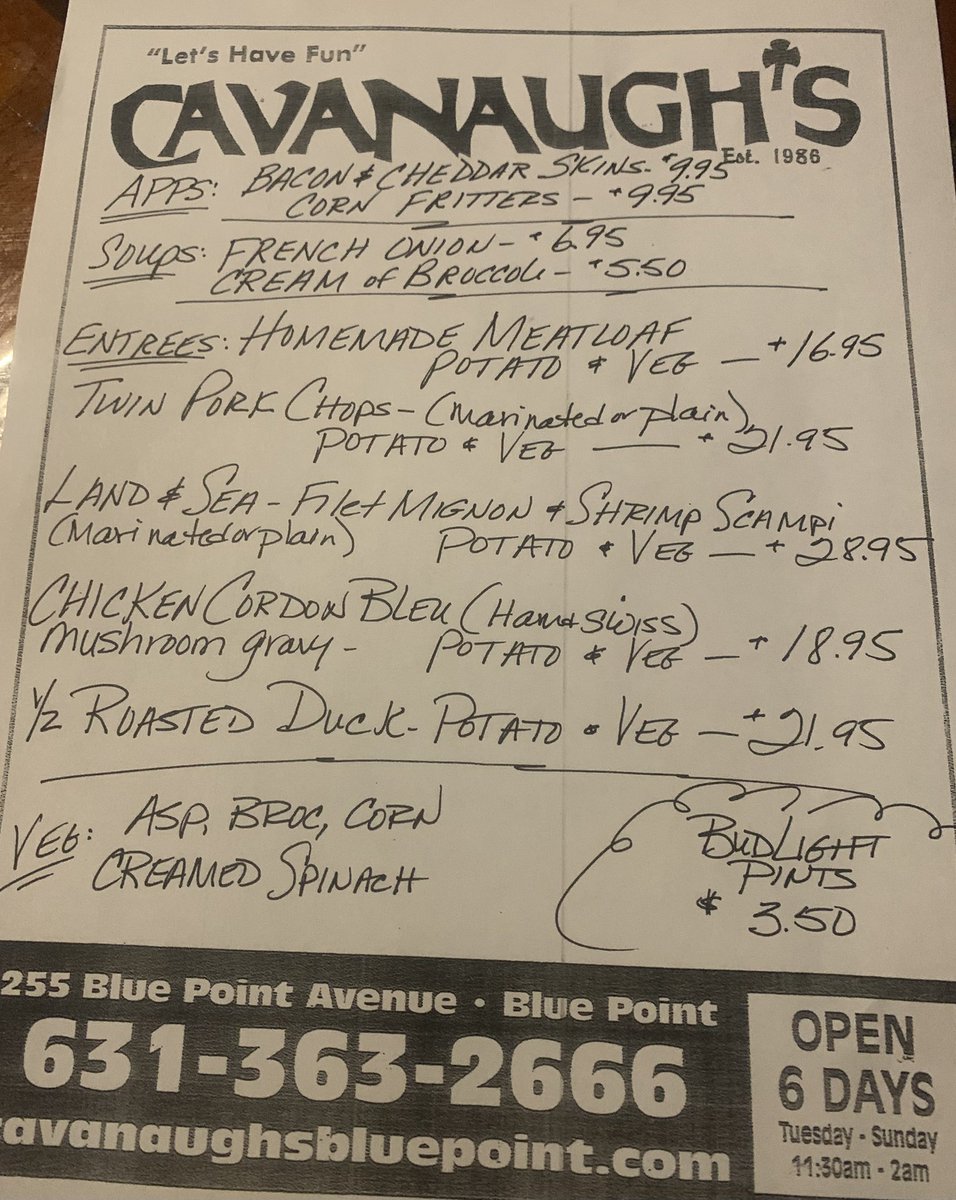 CavanaughsPub's tweet image. Thursday Night Dinner Specials, Kitchen Serving Till 9:30pm. #Bayport #BluePoint #cavanaughs #BudLight #Steaks #Wings