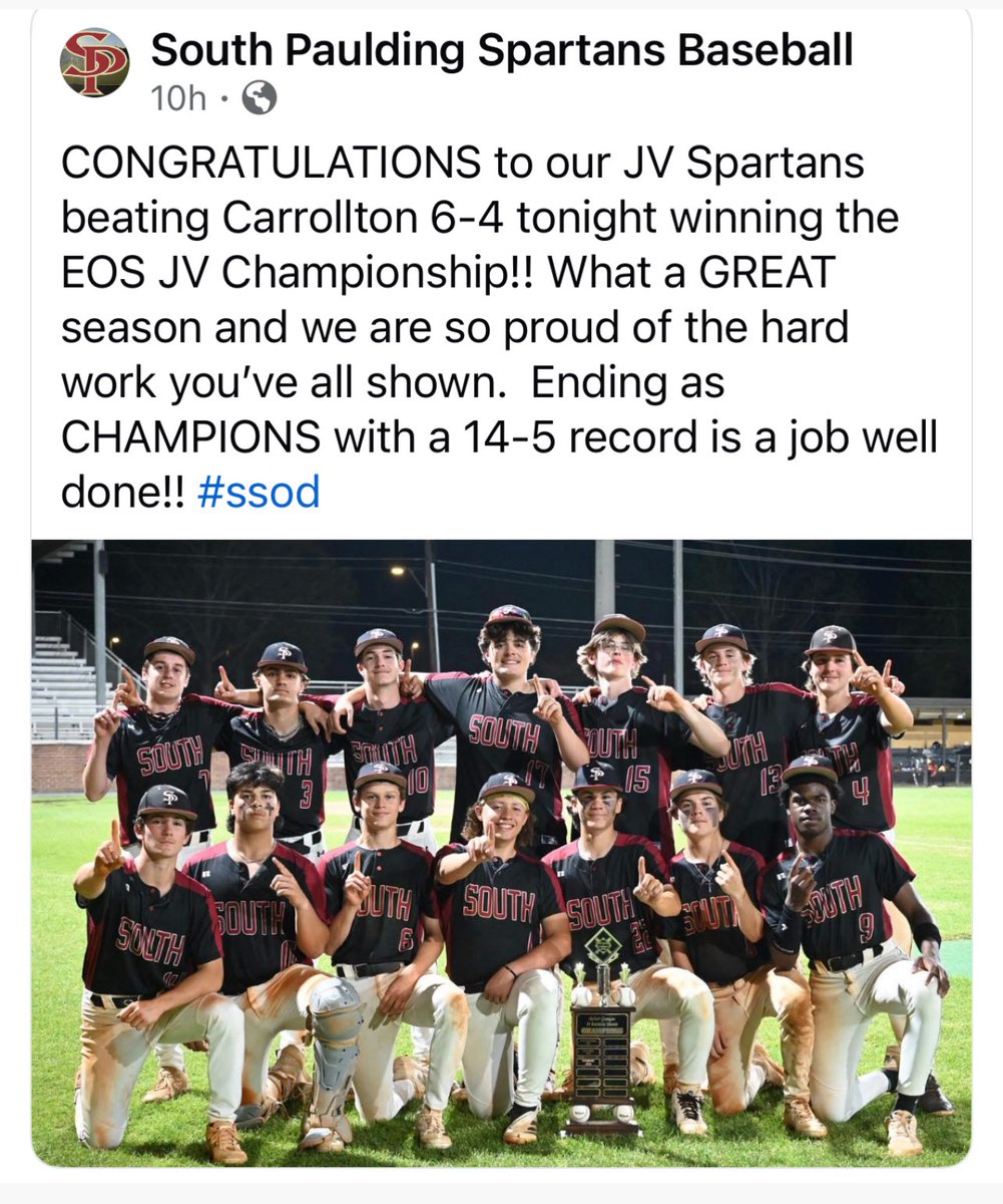 SPHS_Spartans's tweet photo. Congratulations to our JV baseball players on winning the JV championship! Way to go guys! Bright future ahead ⚾️ https://t.co/vVlT6Mbf8K