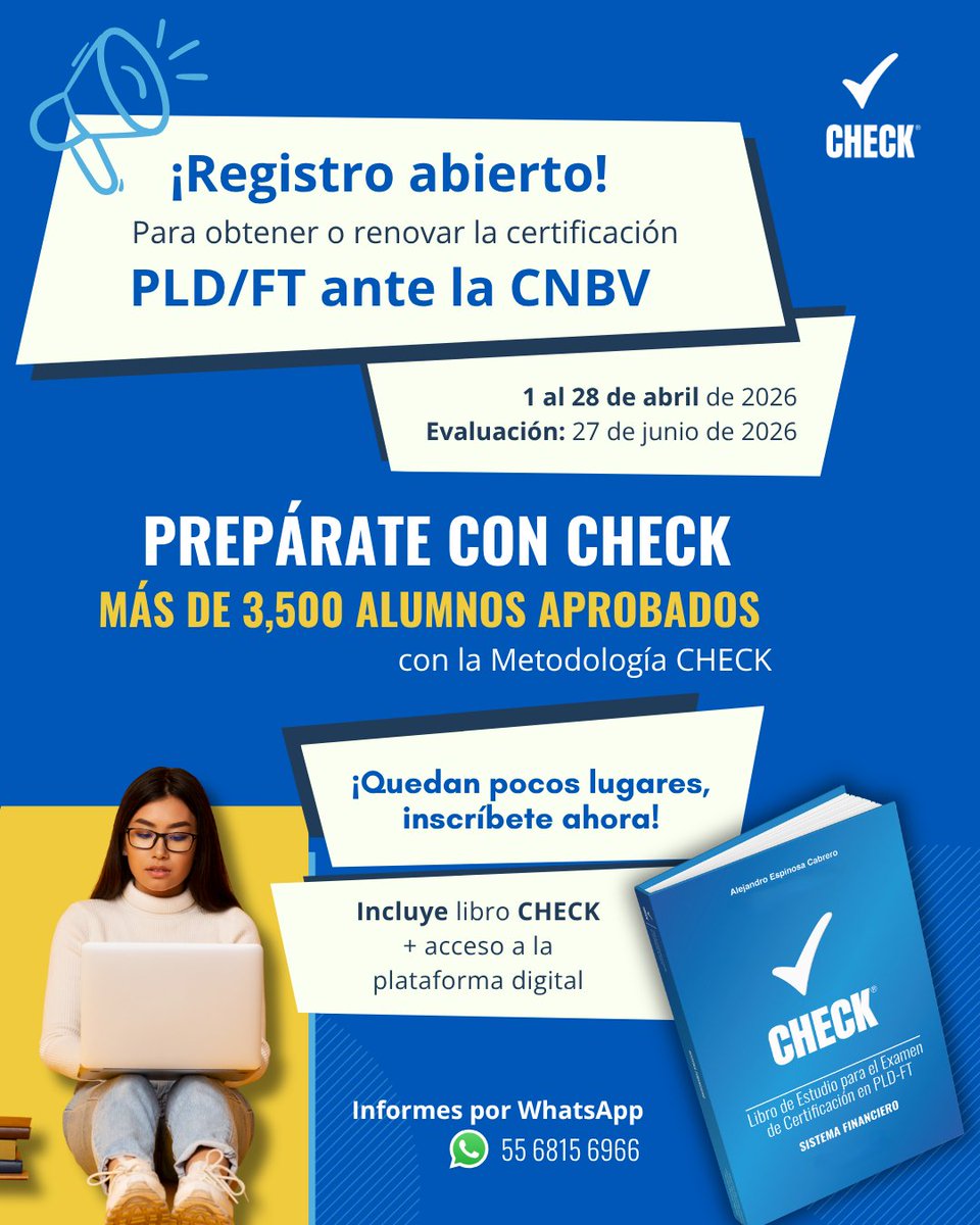 CheckPld's tweet photo. 🚨 AVISO IMPORTANTE

Ya inició el registro para obtener o renovar la certificación en materia PLD/FT ante la CNBV.
Si vas a presentar el examen, no lo dejes a la improvisación.
CHECK te ayuda a llegar listo.

#PLD #CNBV #OficialDeCumplimiento #CertificaciónPLD #AML #CheckPLD https://t.co/DgMl3tnvb8