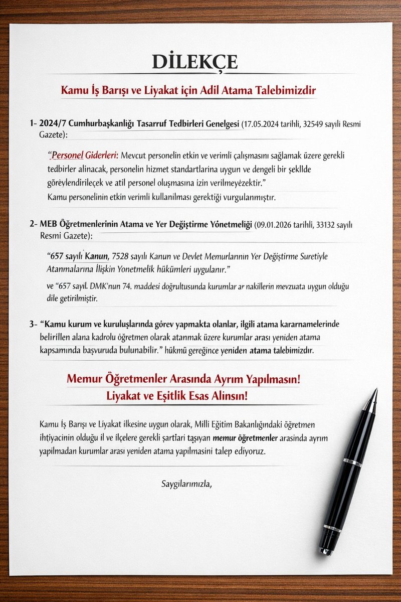 Sn <a href="/isamesihsahin/">İsa Mesih Şahin</a>;

#MemurÖğretmenler <a href="/tcmeb/">Millî Eğitim Bakanlığı</a> Arama ve Yer Değiştirme Yönetmeliğinde 6-7-8 maddeleri öğretmenlik yapan ve yapmayan ayrımı 42 madde ile eşit  hale getirmesini arz ederiz.

<a href="/cftcblnt/">Bülent ÇİFTCİ</a> <a href="/farukyelkenci/">Ömer Faruk Yelkenci</a> <a href="/yilmaznazif/">Nazif Yılmaz</a> <a href="/CelileErenOKTEN/">Celile Eren ÖKTEN</a> <a href="/edipuzen/">Edip Üzen</a> <a href="/Mahmut__ozay/">Mahmut özay</a> <a href="/Yasingrms0/">Yasin Görmüş</a>