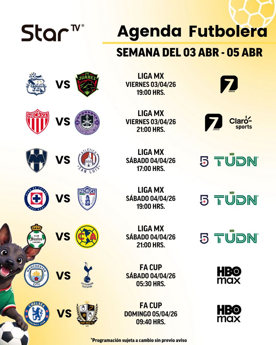StarTVMx's tweet photo. ¡Pónganse la camiseta, que ya está aquí la agenda!
¿Cuál es tu pronóstico para el partido estelar y qué botana es "ley" en tu casa?
#TomaElControl con #StarTV. #Pamboleros #FinDeSemana #AgendaFutbolera #StarTVMéxico https://t.co/XqREZrBhcq