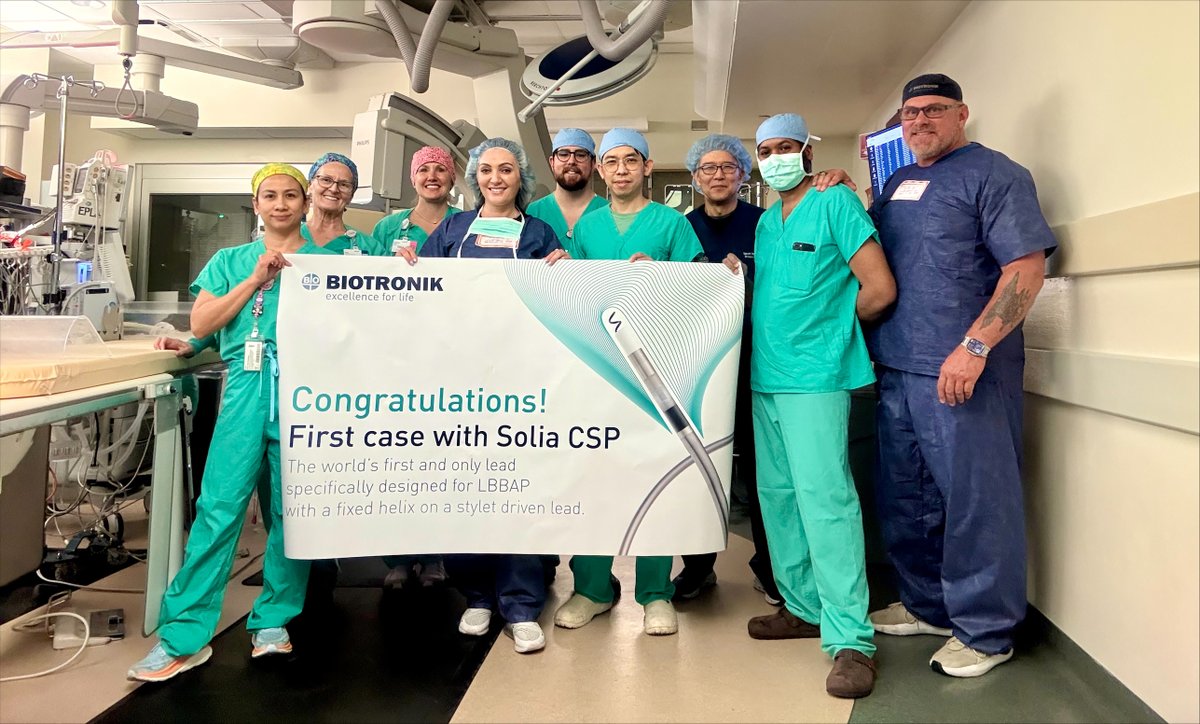 BIOTRONIK_US's tweet photo. First Solia CSP case in Florida!
Performed by Dr. Tokavanich, with fellows Dr. Napaul &amp; Dr. Pinsky, control room support from Dr. Yamada &amp; Dr. Keim, and led by Dr. Aditya Saini @UFHealth Jacksonville.
Exciting step forward for #ConductionSystemPacing. 
#BIOTRONIK #epeeps https://t.co/WtXX2r27Pg