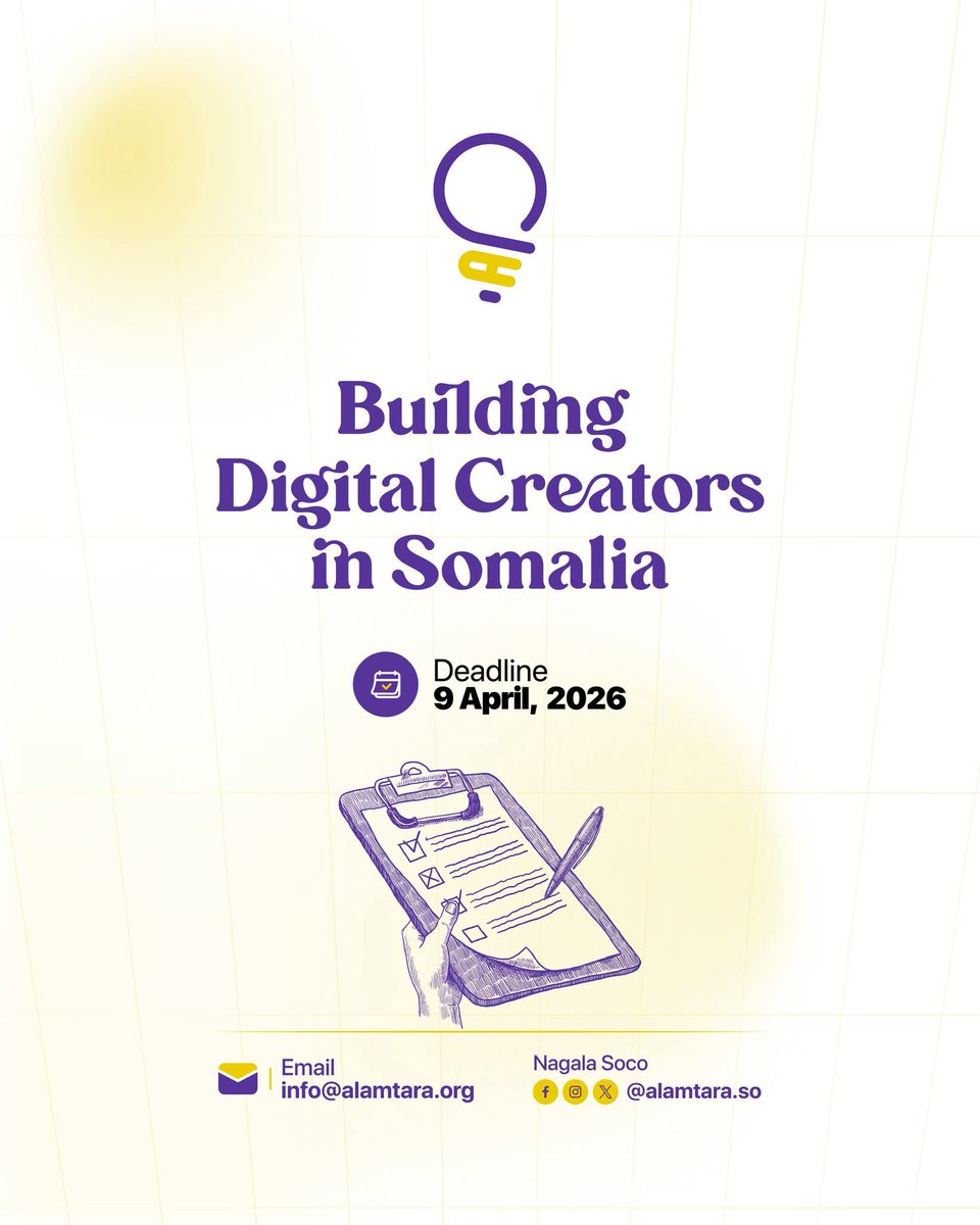 Waxaan ku faraxsannahay inaan halkan ku shaacinno Foomka lagu soo dalbanayo Barnaamijka Building Digital Creators in Somalia 

Haddaba si aad u codsato link-gan guji: forms.gle/SQfYXyh2GHdV7U…

Waqtiga ugu dambeeya waa 𝟗 𝐀𝐩𝐫𝐢𝐥 𝟐𝟎𝟐𝟔 

#Alamtara #BuildingDigitalCreators