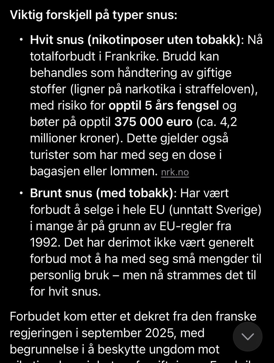 Jeg trodde det var aprilsnarr, men du kan nå risikere 4.2 mill kroner i bot og opptil 5 års fengsel for å ta med snus inn i Frankrike. 

🇫🇷 viva la France.